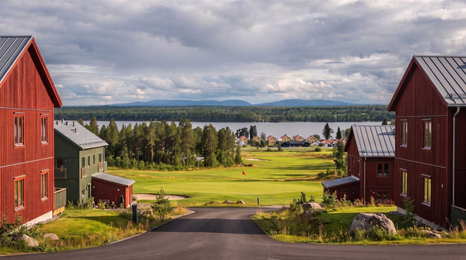 Vy över Sandnässkogen med hus, golfbana och Storsjön i bakgrunden